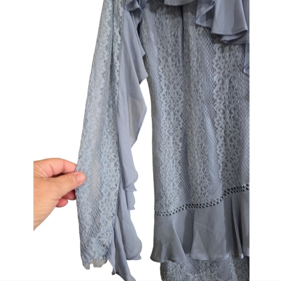 keepsake Better Days Lace Ruffle Dress in Dusty Blue Large Long Sleeve Mini - Picture 5 of 11